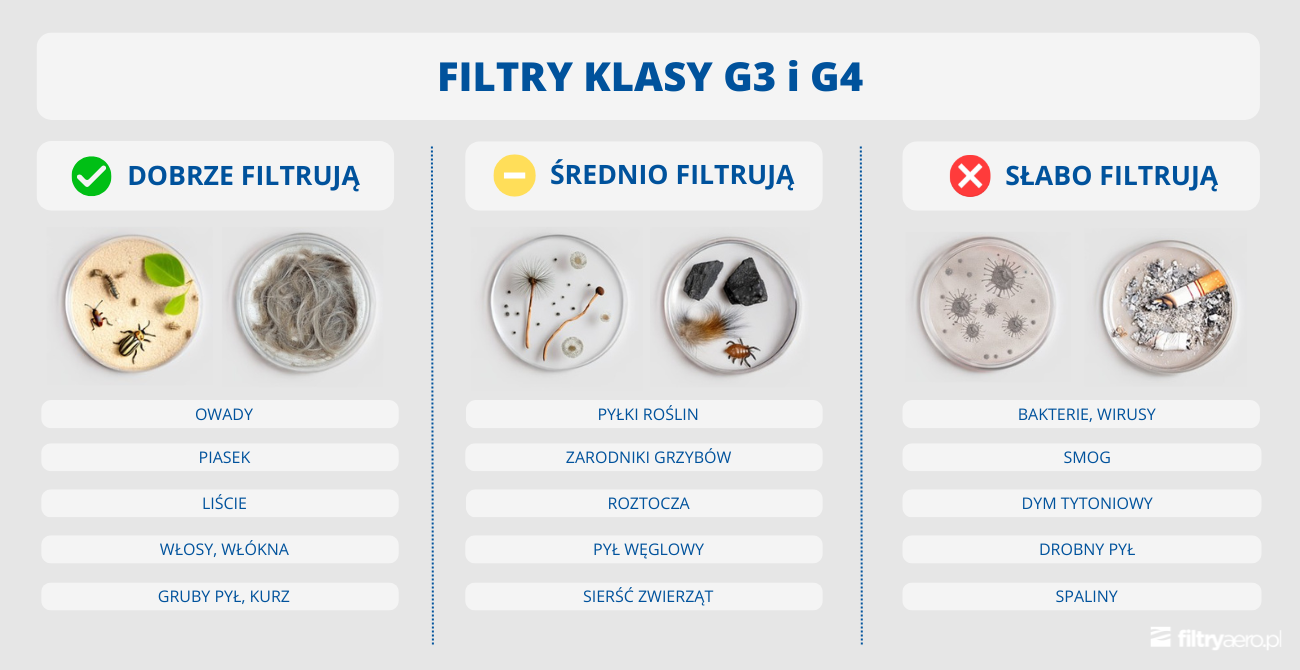 Infografika dla filtrów klasy G3 i G4 podzielona na trzy sekcje. Dobrze filtrują: owady i kurz. Średnio filtrują: pyłki i roztocza. Słabo filtrują: bakterie, smog i spaliny.