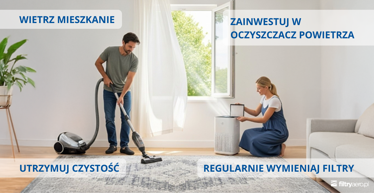 Infografika z czterema poradami dla alergików: wietrz mieszkanie, zainwestuj w oczyszczacz powietrza, utrzymuj czystość (odkurzanie) oraz regularnie wymieniaj filtry.