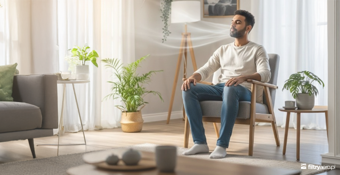 Zrelaksowany mężczyzna siedzący na fotelu w jasnym, nowoczesnym salonie pełnym roślin. Bierze głęboki oddech, symbolizujący czyste i świeże powietrze w domu.