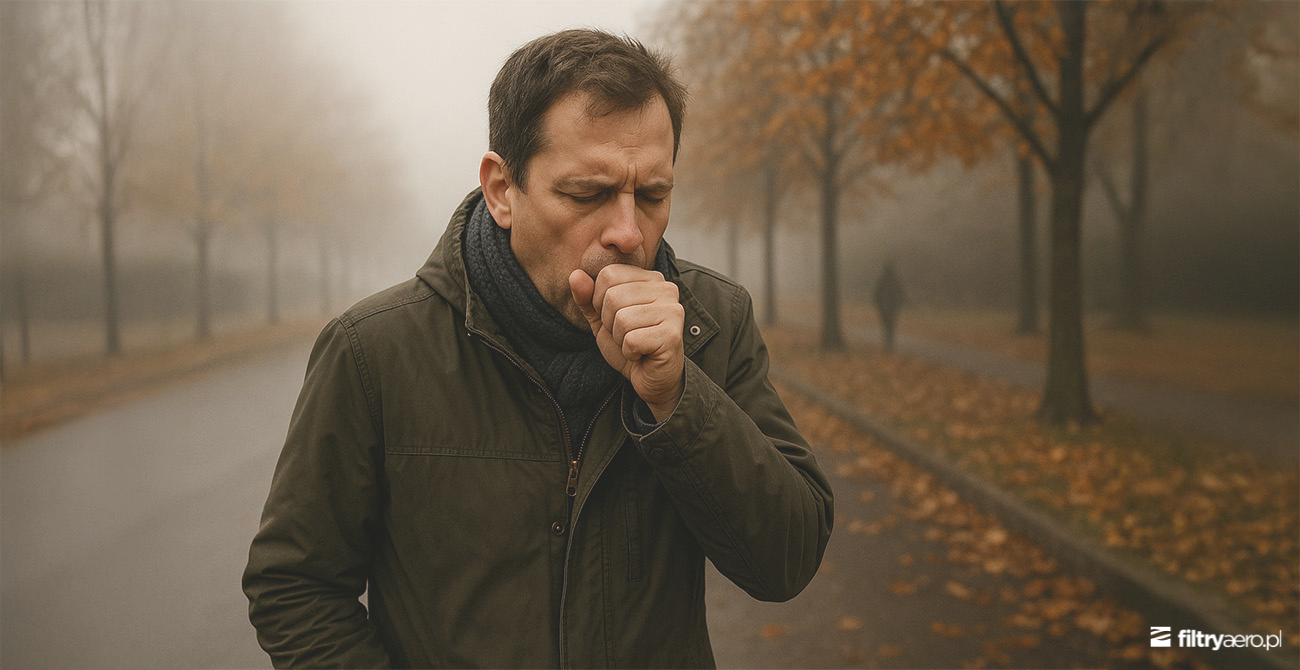 Mężczyzna w kurtce i szaliku kaszle, idąc przez park w gęstej, szarej mgle lub smogu. Podłoże pokryte jest jesiennymi liśćmi, a w tle widać zamglone drzewa.