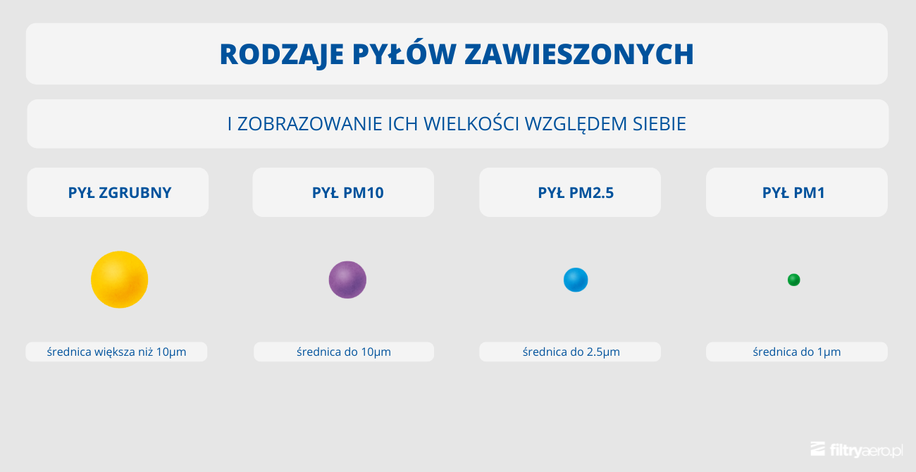 Infografika zatytułowana „RODZAJE PYŁÓW ZAWIESZONYCH”. Przedstawia porównanie wielkości czterech cząsteczek: pyłu zgrubnego (>10µm), PM10 (do 10µm), PM2.5 (do 2.5µm) oraz PM1 (do 1µm).