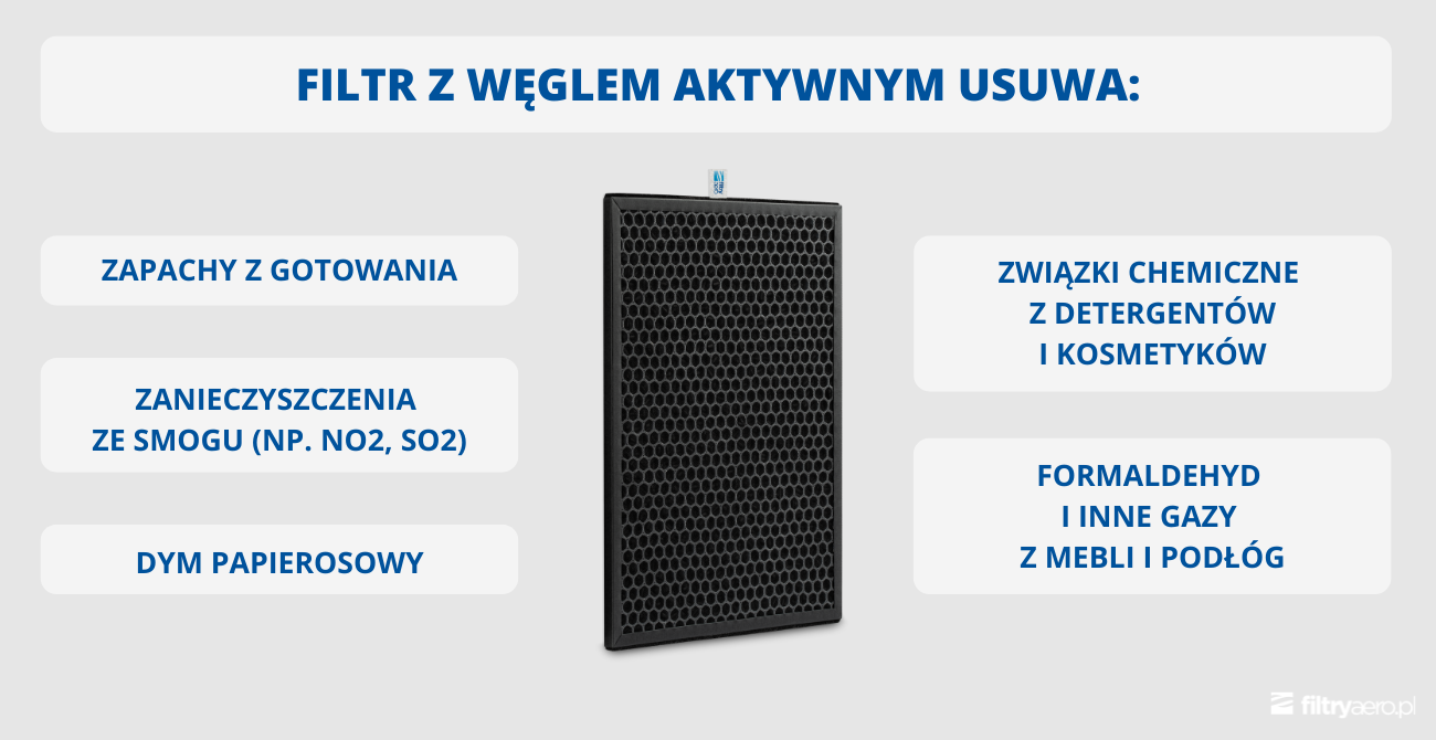 Infografika przedstawiająca czarny filtr węglowy o strukturze plastra miodu. Wypunktowano zanieczyszczenia, które usuwa: zapachy z gotowania, dym papierosowy, związki chemiczne z detergentów, formaldehyd oraz gazy z mebli i podłóg.
