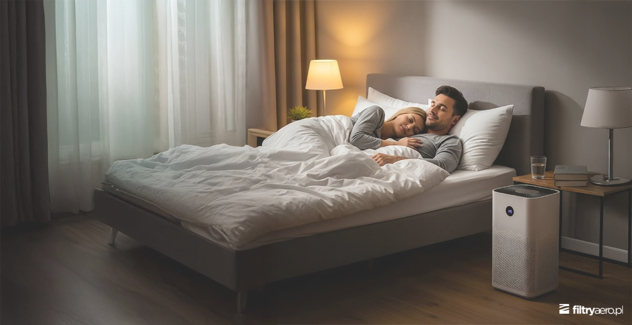 Małżeństwo śpiące spokojnie w przytulnej sypialni. Obok łóżka na podłodze pracuje nowoczesny, biały oczyszczacz powietrza z cyfrowym wyświetlaczem.