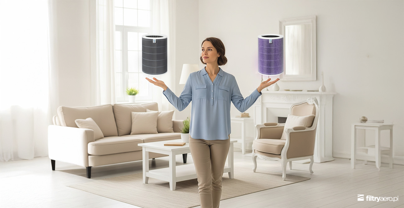 Kobieta w nowoczesnym salonie porównuje dwa rodzaje filtrów (szary HEPA i fioletowy EPA) wizualizowane na jej dłoniach.