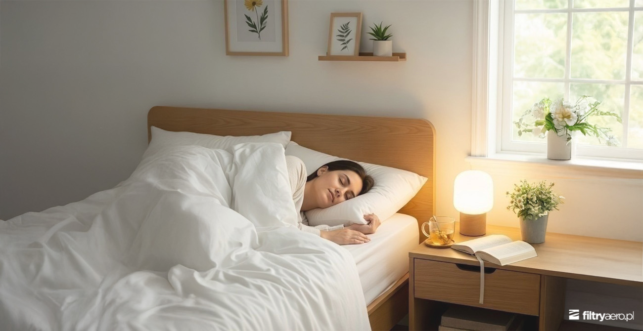 Kobieta śpiąca na boku w czystej, białej pościeli. Na szafce nocnej obok łóżka stoi zapalona lampka, wazon z kwiatami i leży otwarta książka.