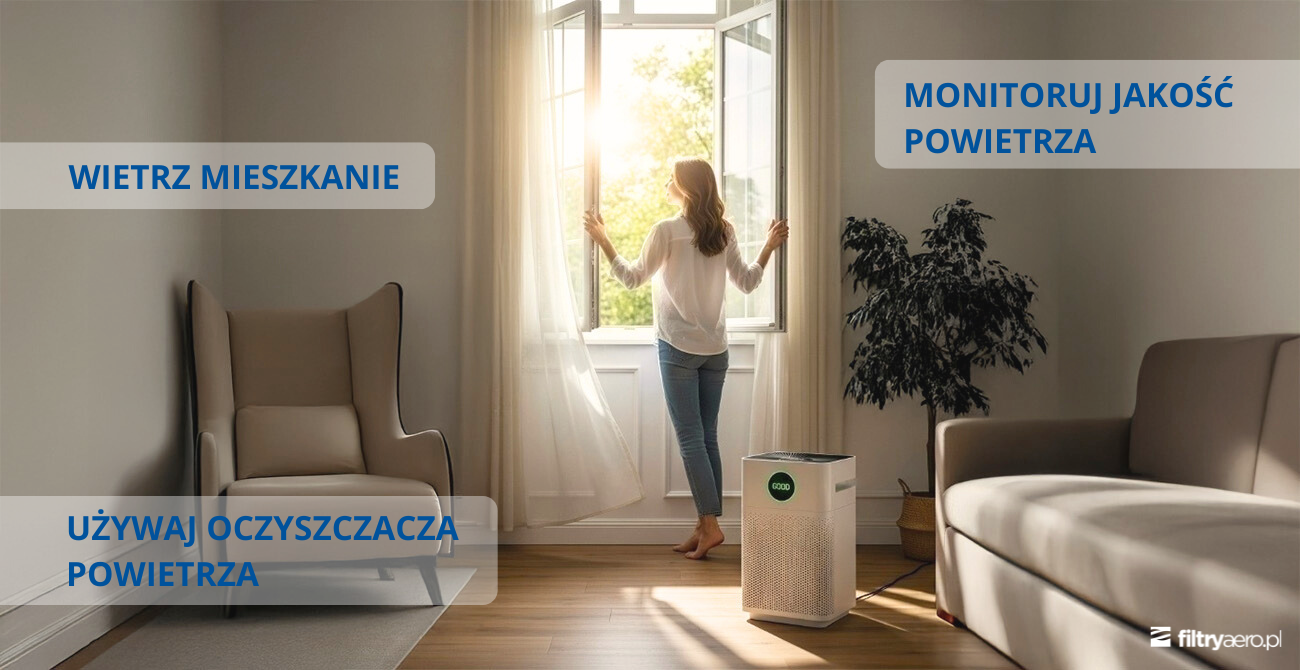 Kobieta otwierająca szeroko okno w słonecznym salonie. W pomieszczeniu widoczny jest oczyszczacz powietrza. Napisy na obrazku: „WIETRZ MIESZKANIE”, „MONITORUJ JAKOŚĆ POWIETRZA”, „UŻYWAJ OCZYSZCZACZA POWIETRZA”.