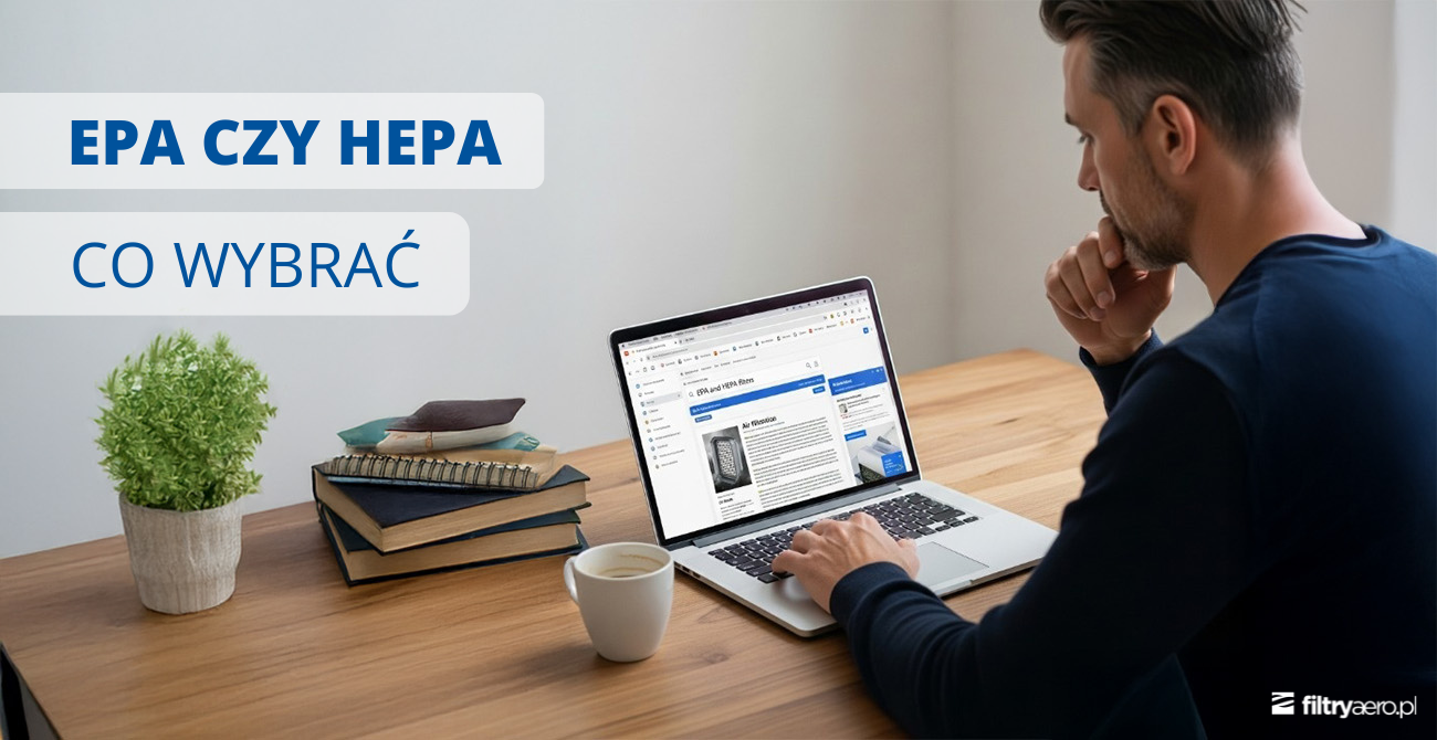 Zdjęcie główne przedstawiające mężczyznę przy biurku analizującego informacje na laptopie. Na grafice widoczny jest duży napis: "EPA CZY HEPA – CO WYBRAĆ?".