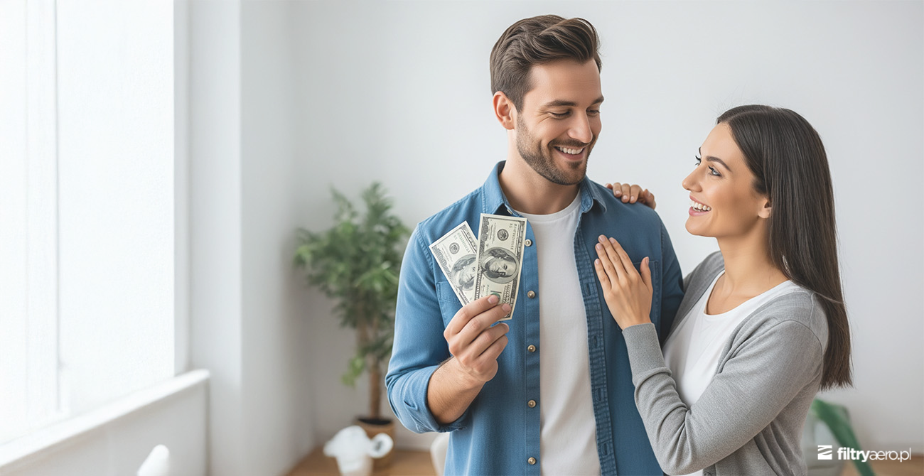 Szczęśliwa para w jasnym pokoju – mężczyzna trzyma banknoty, symbolizując oszczędności wynikające z trafnego zakupu filtrów.