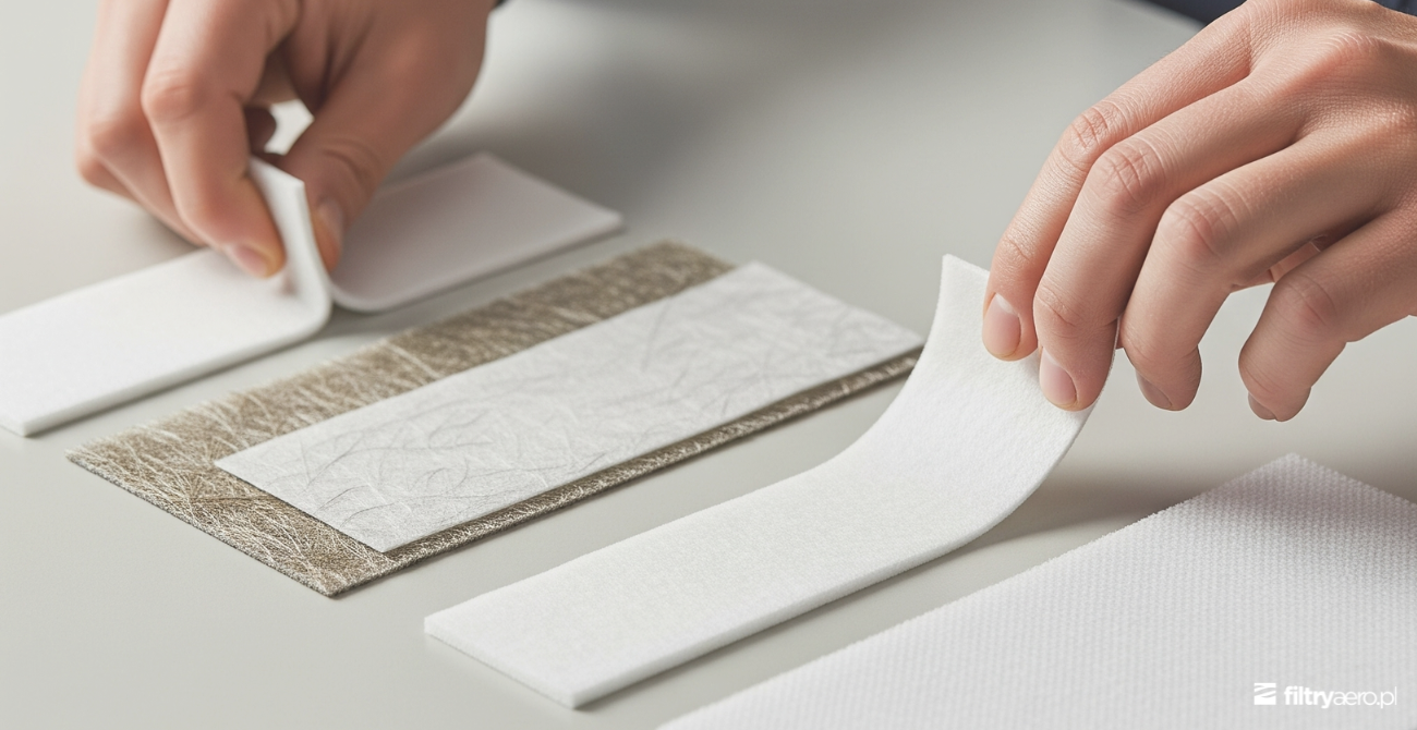 Dłonie badające elastyczność i wytrzymałość różnych próbek materiałów filtracyjnych na płaskiej powierzchni.