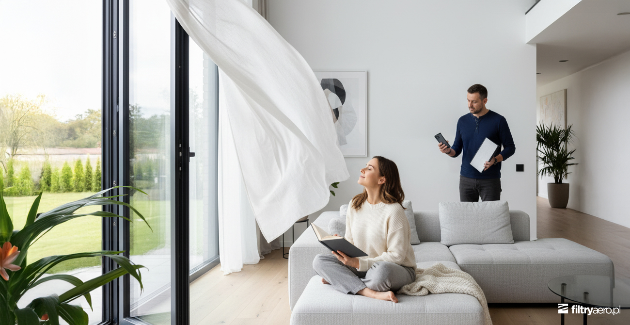 Kobieta w trakcie czytania książki, upajająca się powiewem świeżego powietrza, w salonie przy otwartym oknie z powiewającą firanką, w tle mężczyzna z telefonem w jednej ręce, a w drugiej z filtrem do rekuperatora.