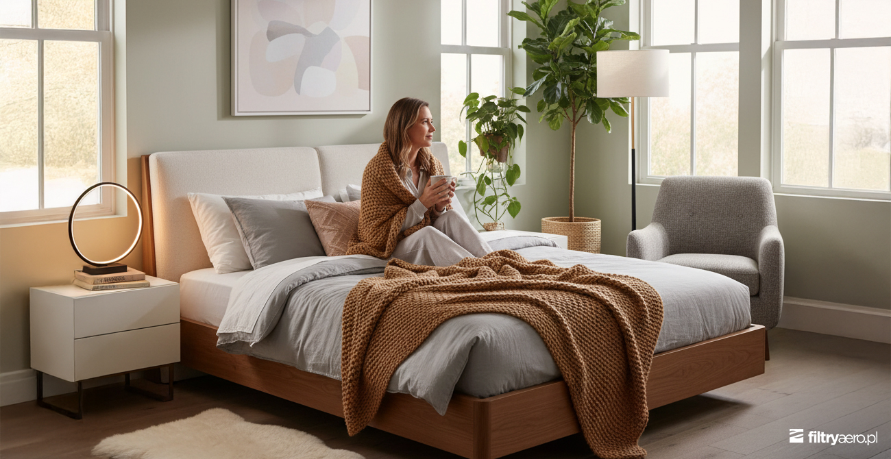 Kobieta siedząca na łóżku w jasnej sypialni, pijąca kawę w otoczeniu roślin, gdzie o jakość powietrza dba dyskretny oczyszczacz Xiaomi.
