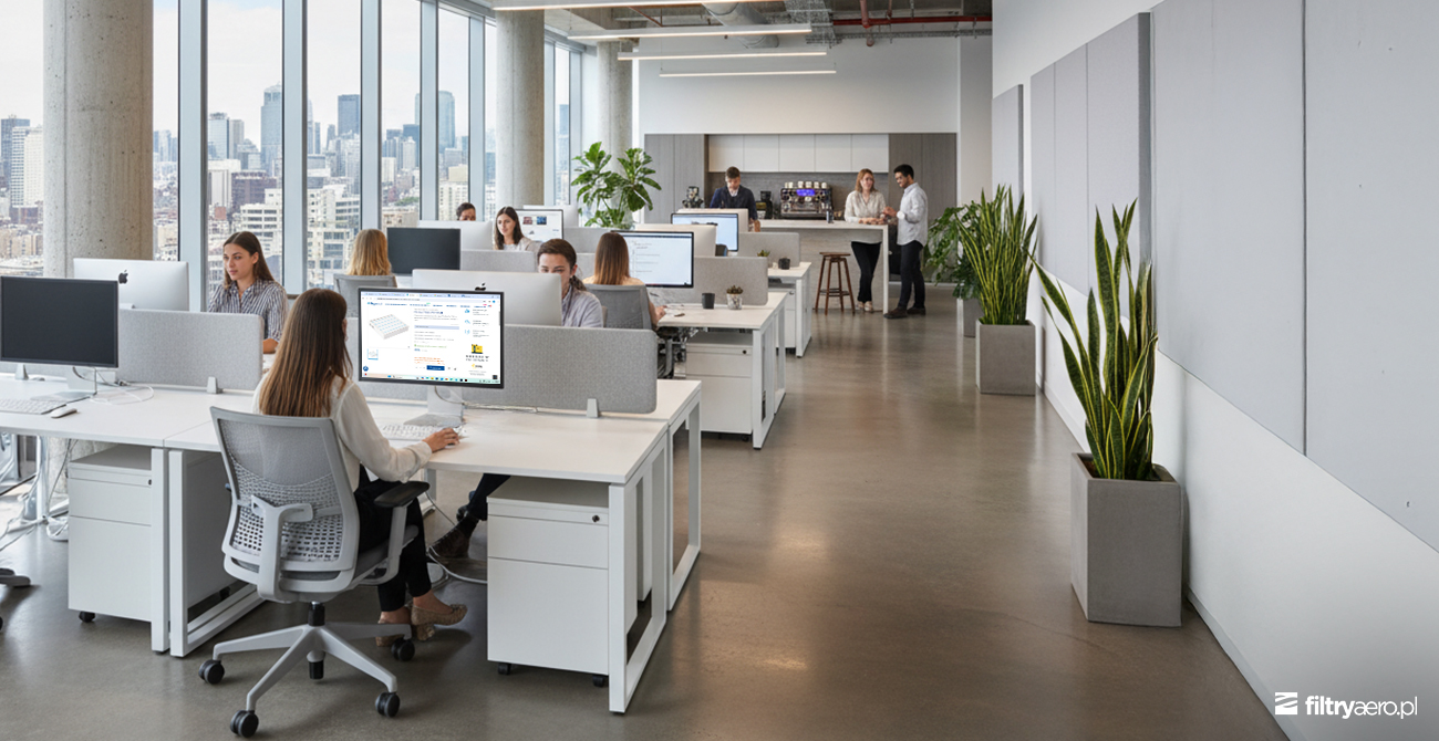 Nowoczesne biuro typu open space z pracownikami przy biurkach, gdzie o czyste powietrze dba wydajny oczyszczacz Xiaomi Mi Air Purifier Pro H.