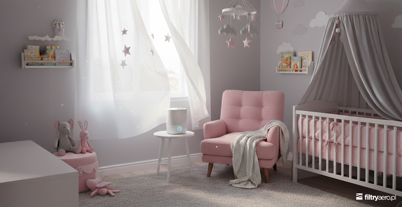 Oczyszczacz powietrza Xiaomi Smart Air Purifier 4 Compact na stoliku w przytulnym, różowym pokoju dziecięcym z łóżeczkiem.