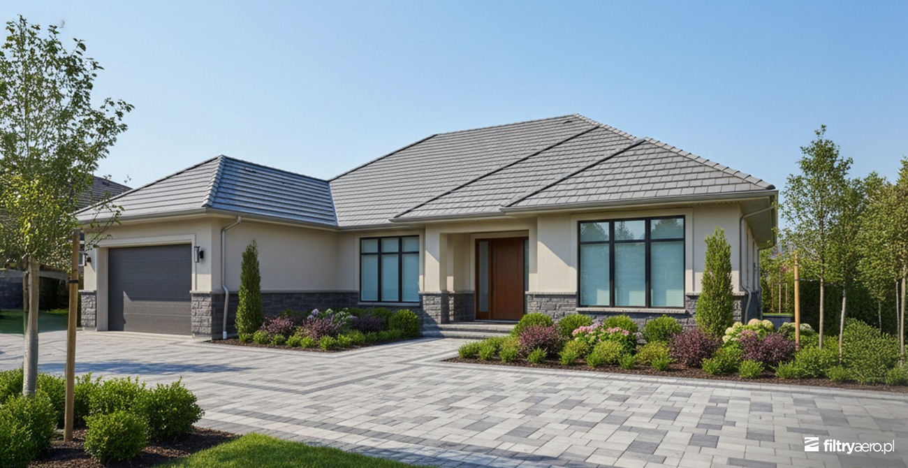 Nowoczesny dom parterowy z szarym dachem, garażem i zadbanym podjazdem z kostki brukowej.