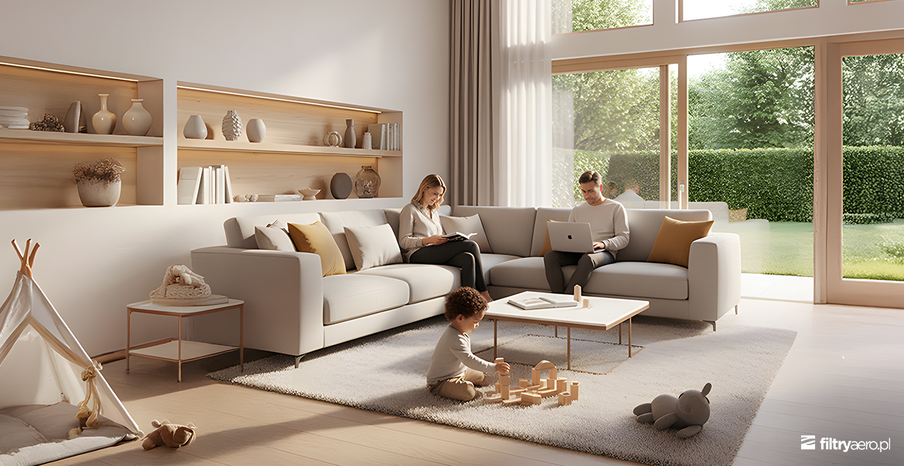 Elegancki, jasny salon z dużą kanapą, dzieckiem bawiącym się na dywanie i rodzicami pracującymi przy laptopie.