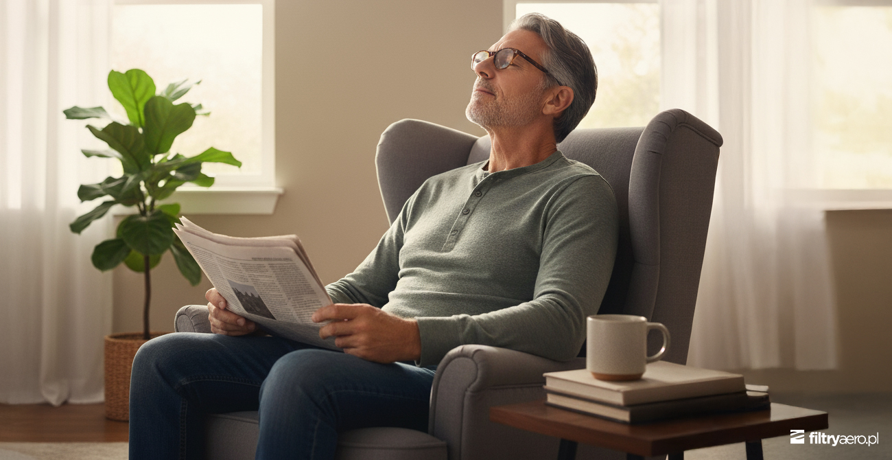 Dojrzały mężczyzna w okularach siedzący w fotelu z gazetą, biorący głęboki oddech czystym powietrzem w jasnym salonie.